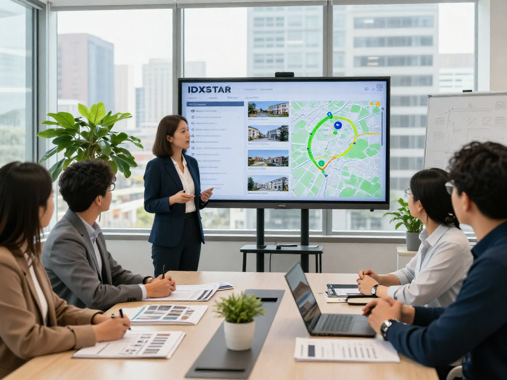 Real estate professional showcases IDXSTAR property listings in a modern office