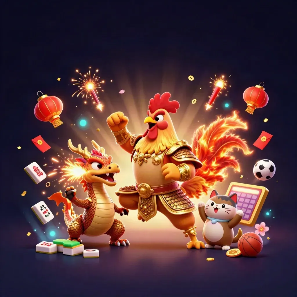 Rooster samurai, dragon hatchling and fortune cat amid casino luck symbols and glowing lights.