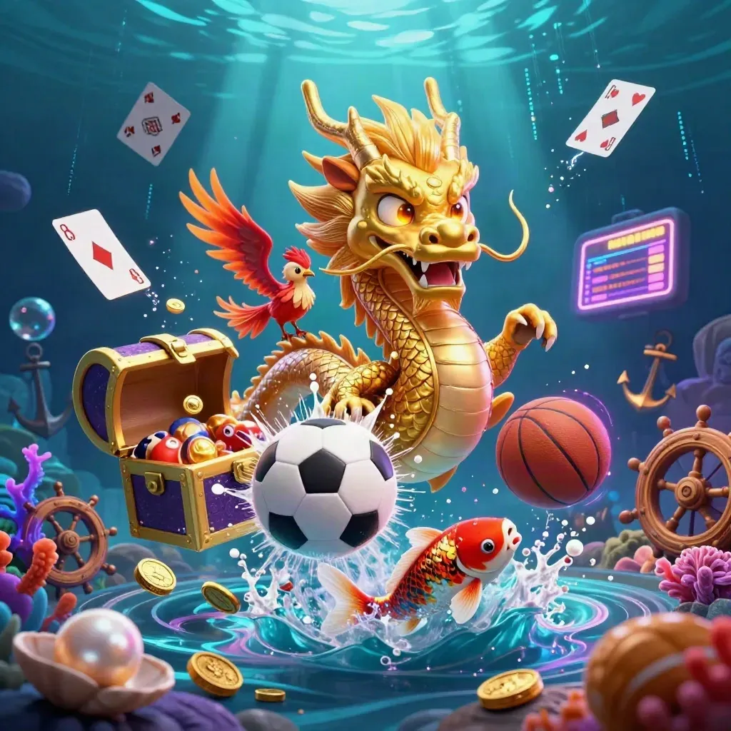 Golden dragon, phoenix, and koi explode through coins and balls in a neon underwater casino cove.