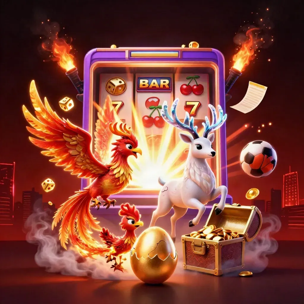 Phoenixes, a crystal stag, and a jackpot slot machine burst with gold, sports balls, and fiery light.