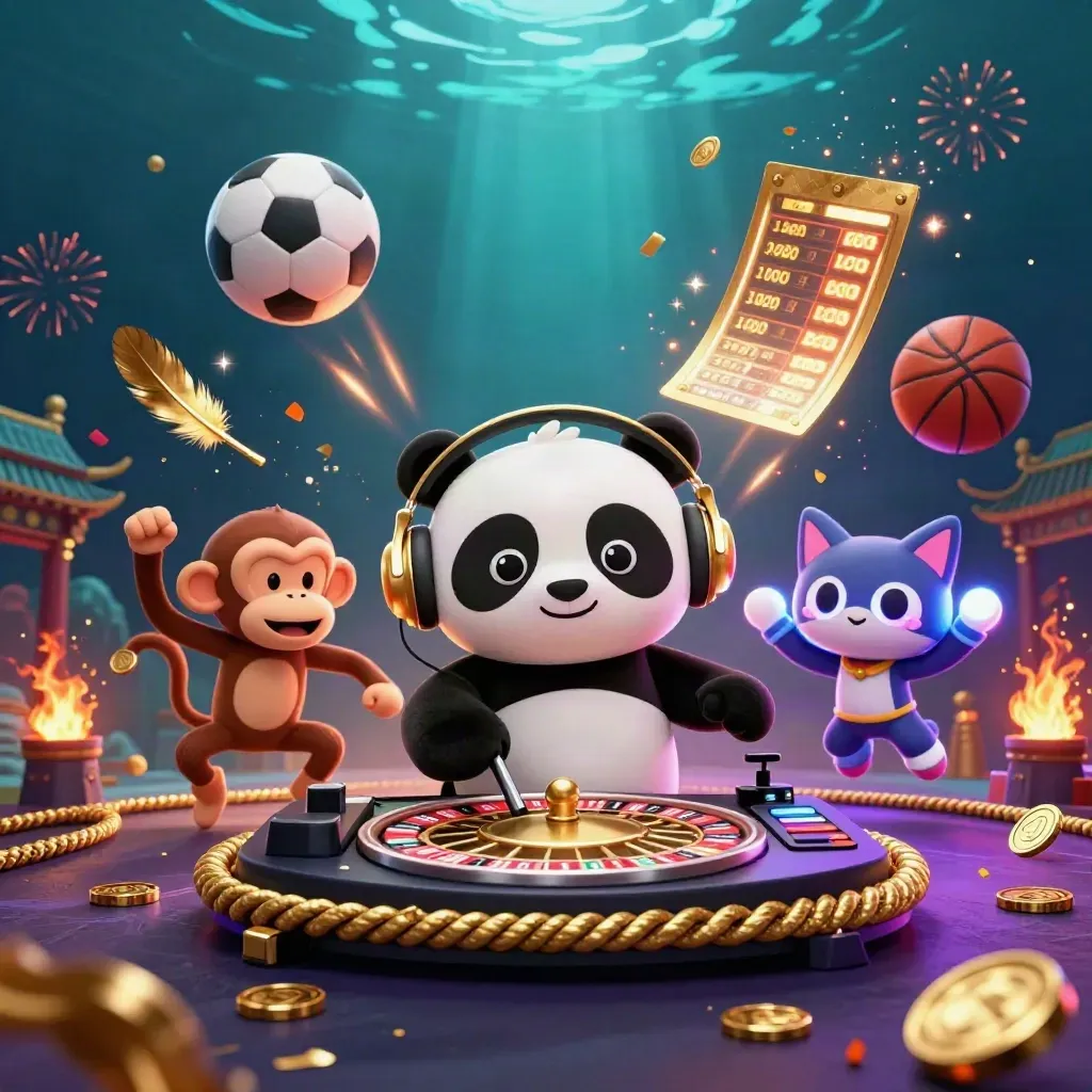 DJ panda, breakdancing monkey, and glow-stick kitten amid casino ring lights and flying balls