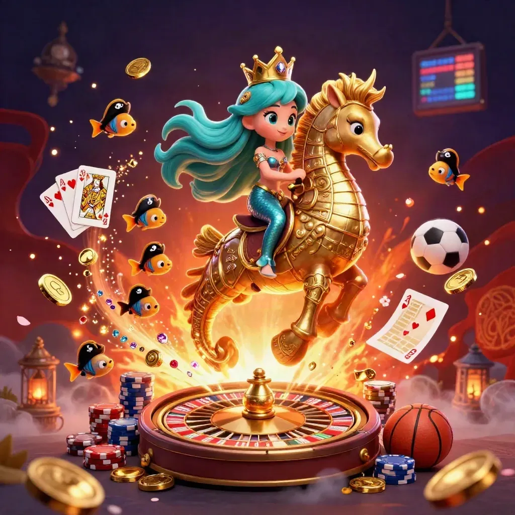 Mermaid princess on a gold-armoured seahorse amid chips, coins, cards and casino glow.