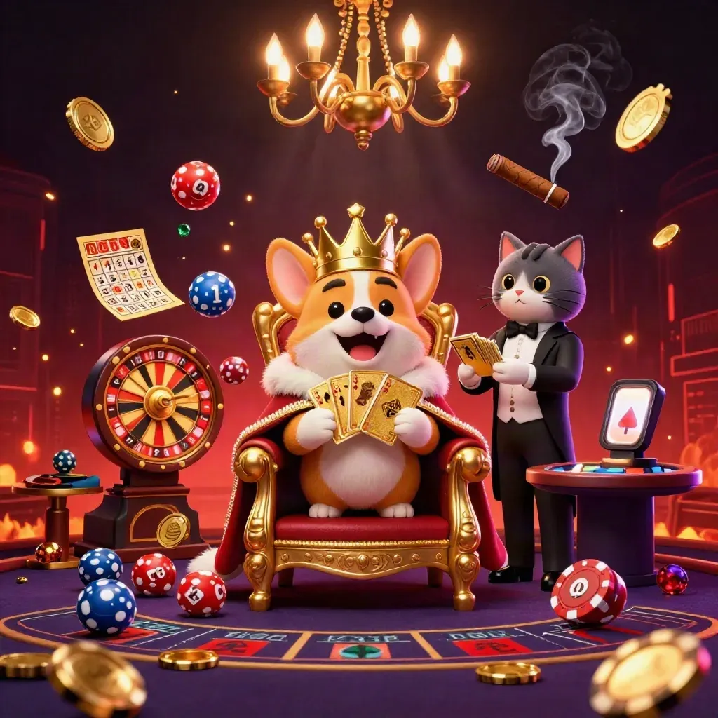 Royal corgi and cat butler in a neon casino room with glowing wheels, balls, and gold light.