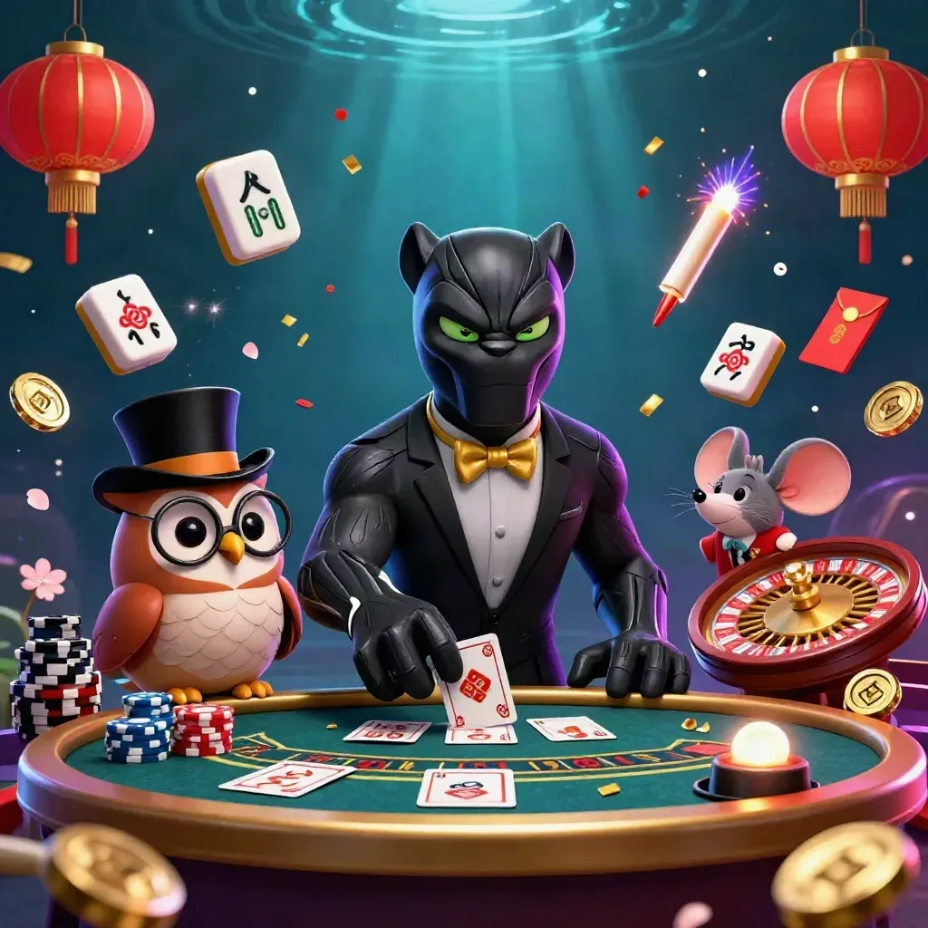 Panther, owl, and mouse in a luxe casino scene with lanterns, jade coins, and roulette glow