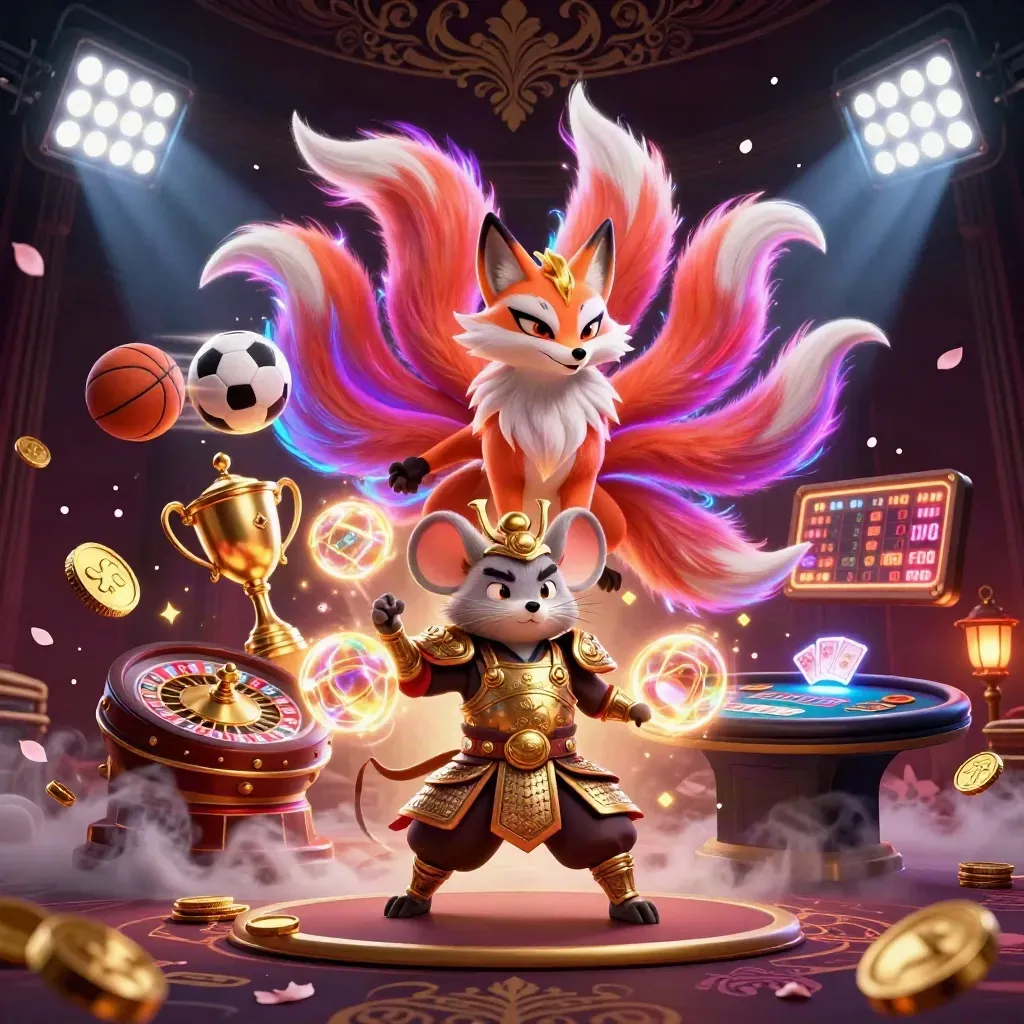 Neon fox spirit and armored samurai mouse amid casino and sports energy