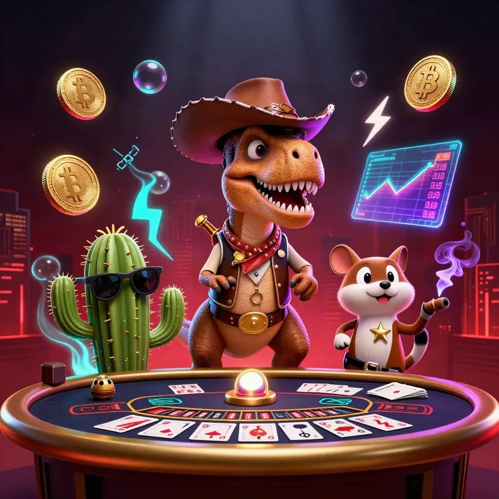 Cowboy T-Rex trio in a luxe casino scene with coins, roulette wheel, and neon glow.