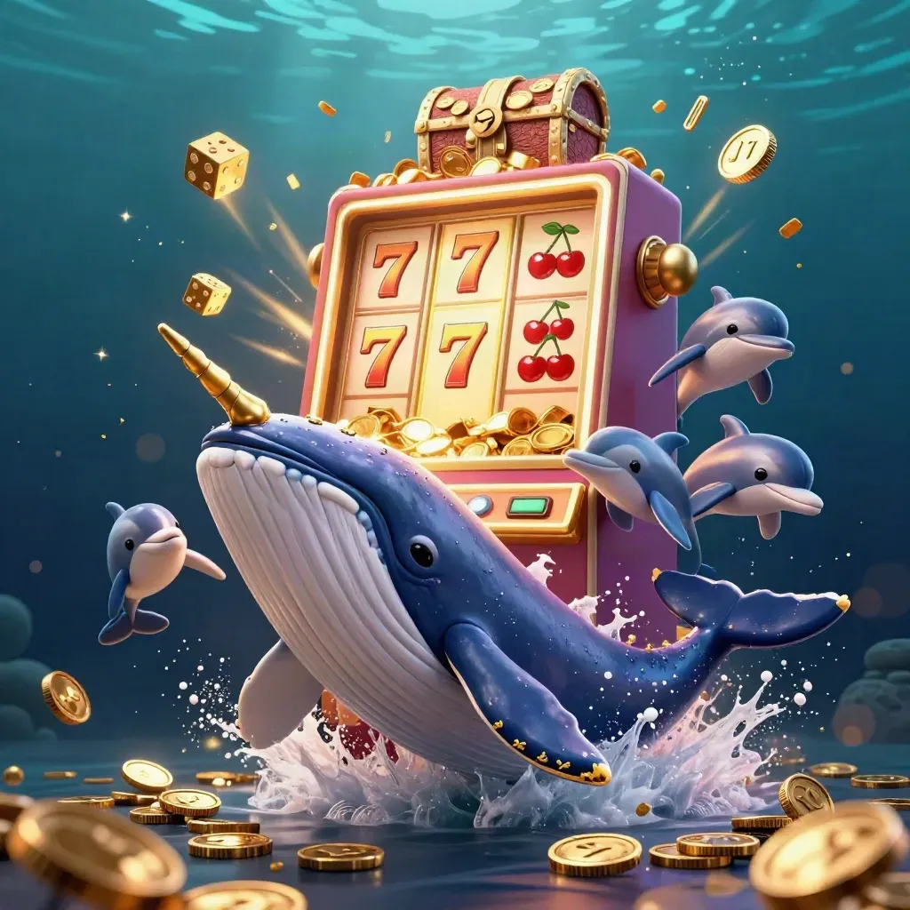 Whale captain, narwhal and dolphins amid exploding casino treasure underwater.