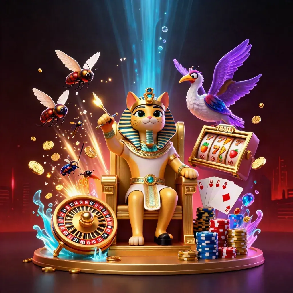 Pharaoh cat, ibis scribe, and gem-winged scarabs amid casino loot and neon glow