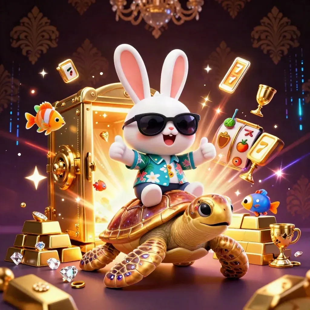 Lucky rabbit rides a golden sea turtle amid treasure, neon effects, and casino symbols