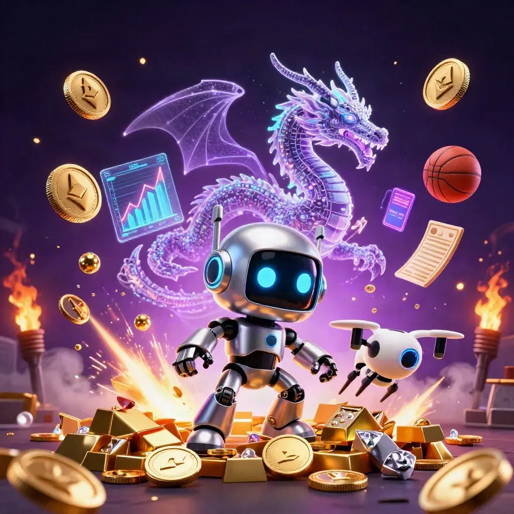 Cyberpunk robot, AI dragon, and coin drone amid treasure burst and neon casino effects.