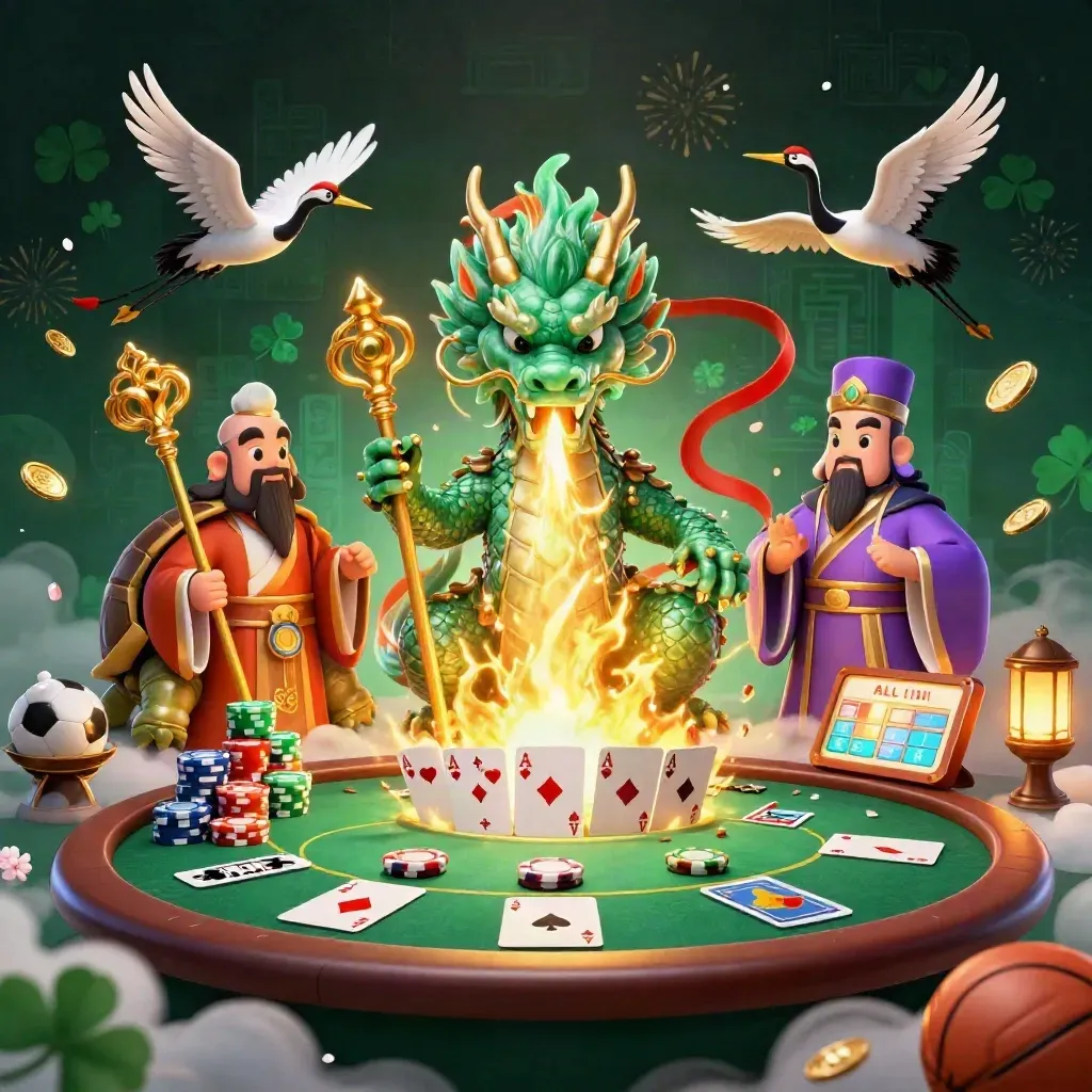 Dragon, turtle sage, and cranes amid chips, coins, cards, fireworks, and casino energy.