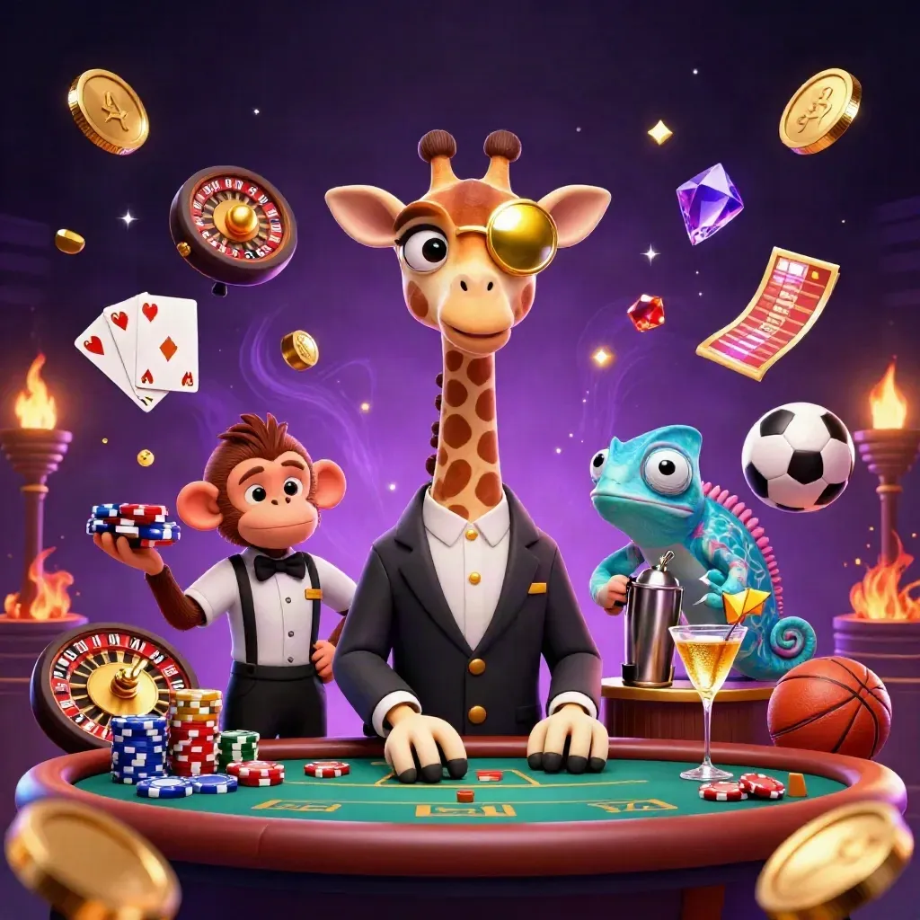 Giraffe high roller, monkey valet and chameleon bartender amid casino gold, chips and sports odds