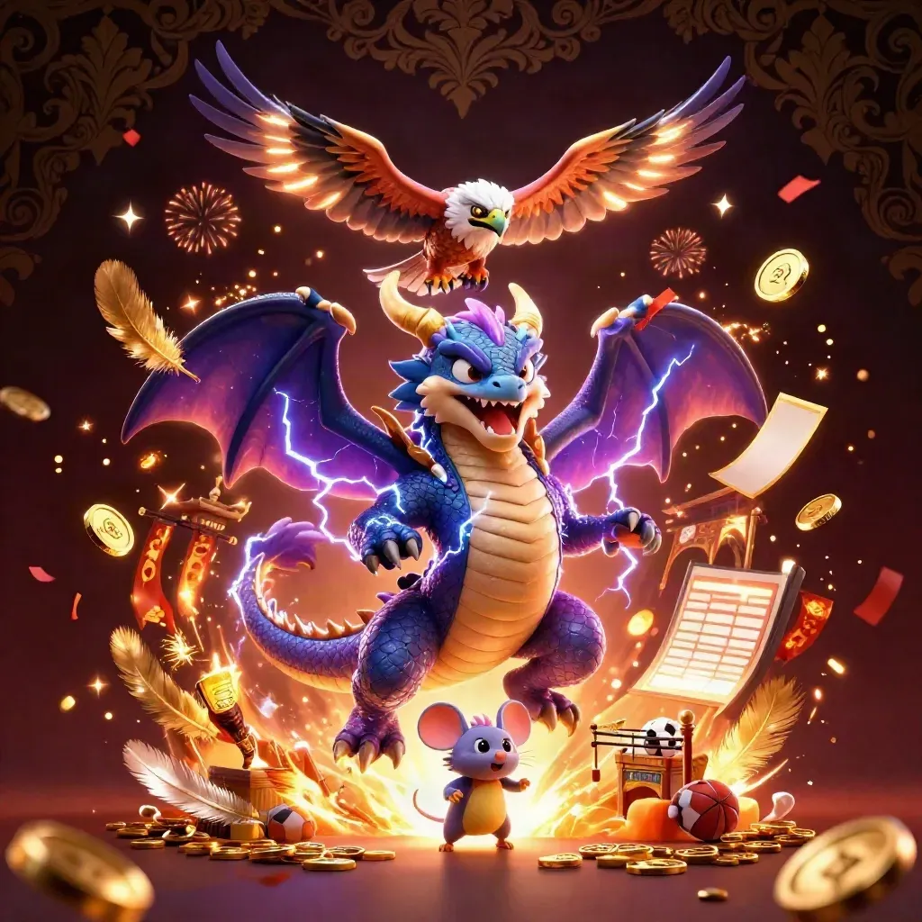 Thunder dragon, wind hawk and mouse amid coins, temple gate, fireworks and casino lights.