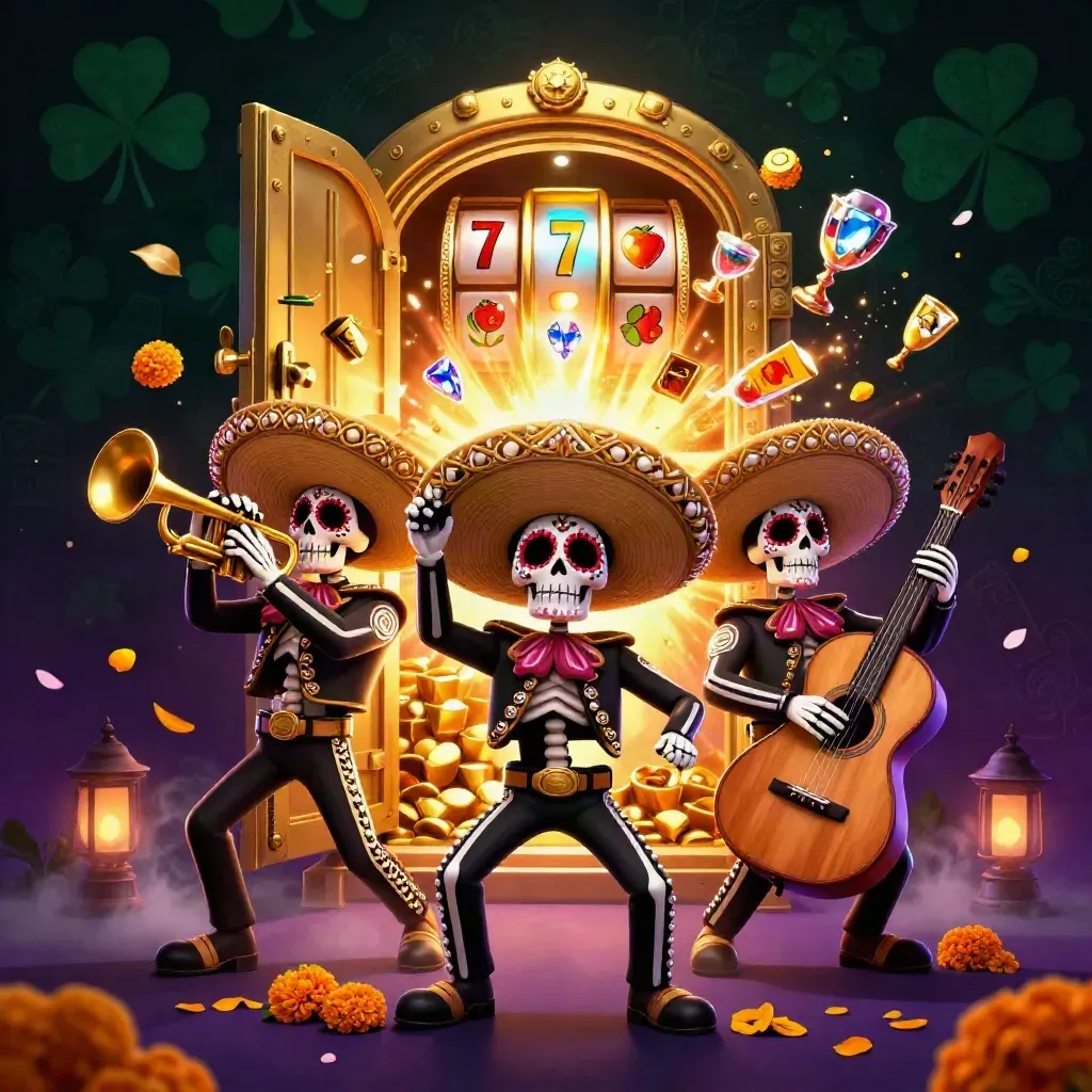 Skeleton mariachi trio before a vault explosion with gold, gems, slots, and festive petals.