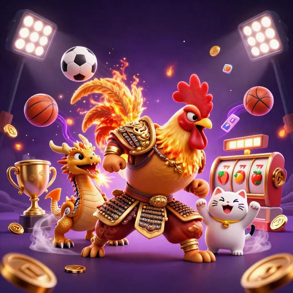 Rooster warrior, dragon hatchling and fortune-cat amid casino sports bursts and gold light.