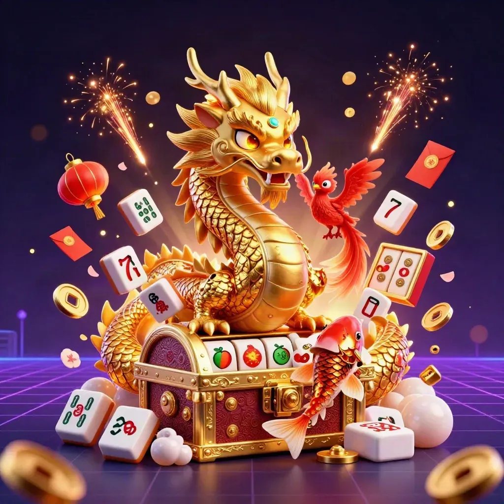 Golden dragon with phoenix, koi, and casino charms in neon luxe glow