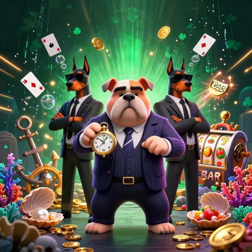 Bulldog mob boss with two Dobermans amid casino treasure, coins, cards, reels, and glowing emerald effects.