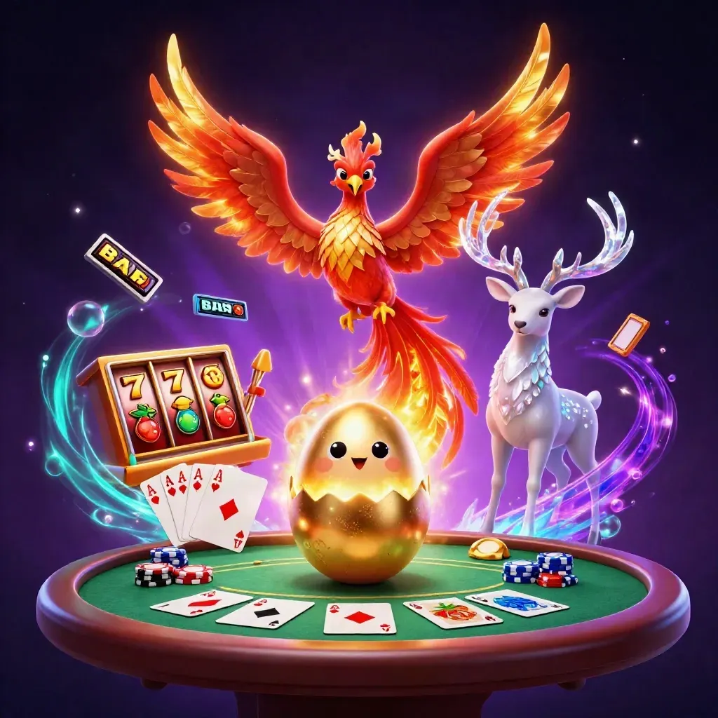 Fire phoenix, baby phoenix, and crystal stag amid casino chips, cards, reels, and glowing magic.