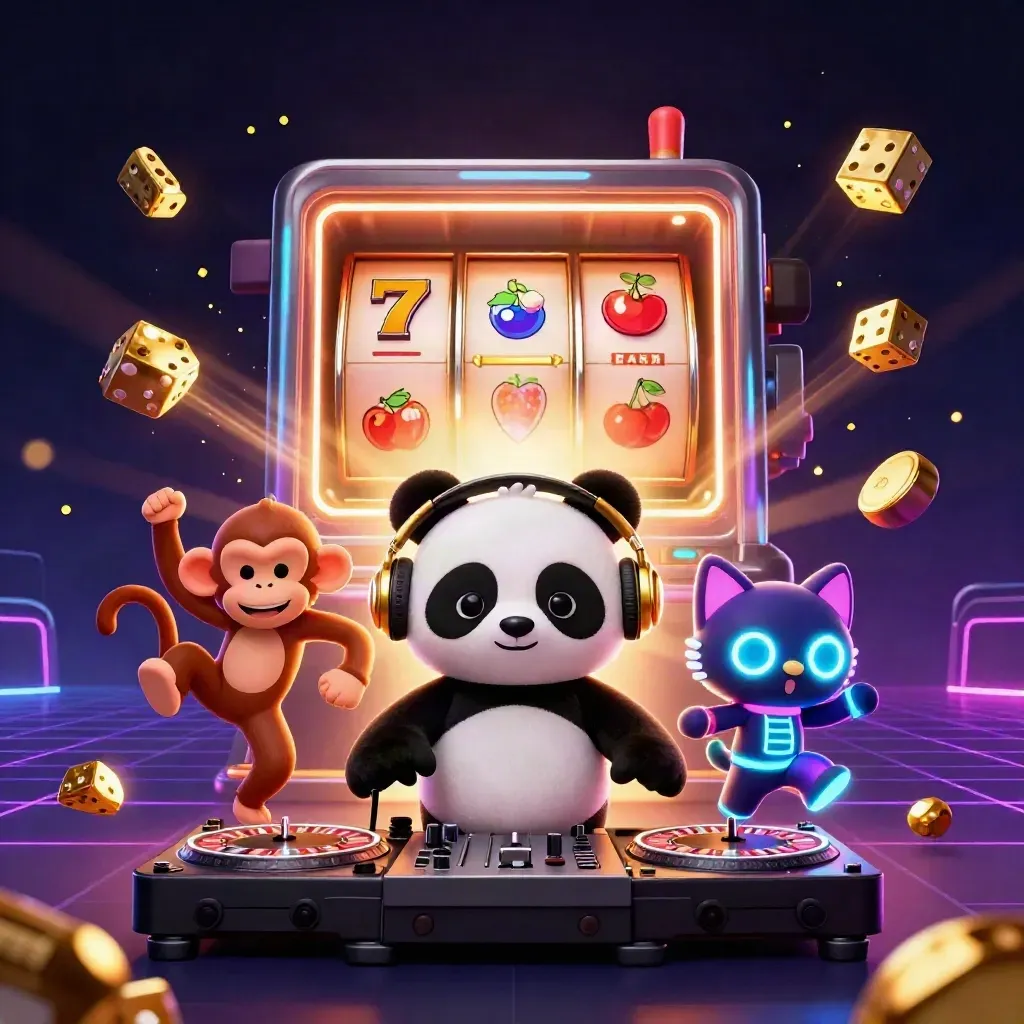 Panda DJ, dancing monkey, and rave kitten amid slot reels, gold dice, and jackpot glow