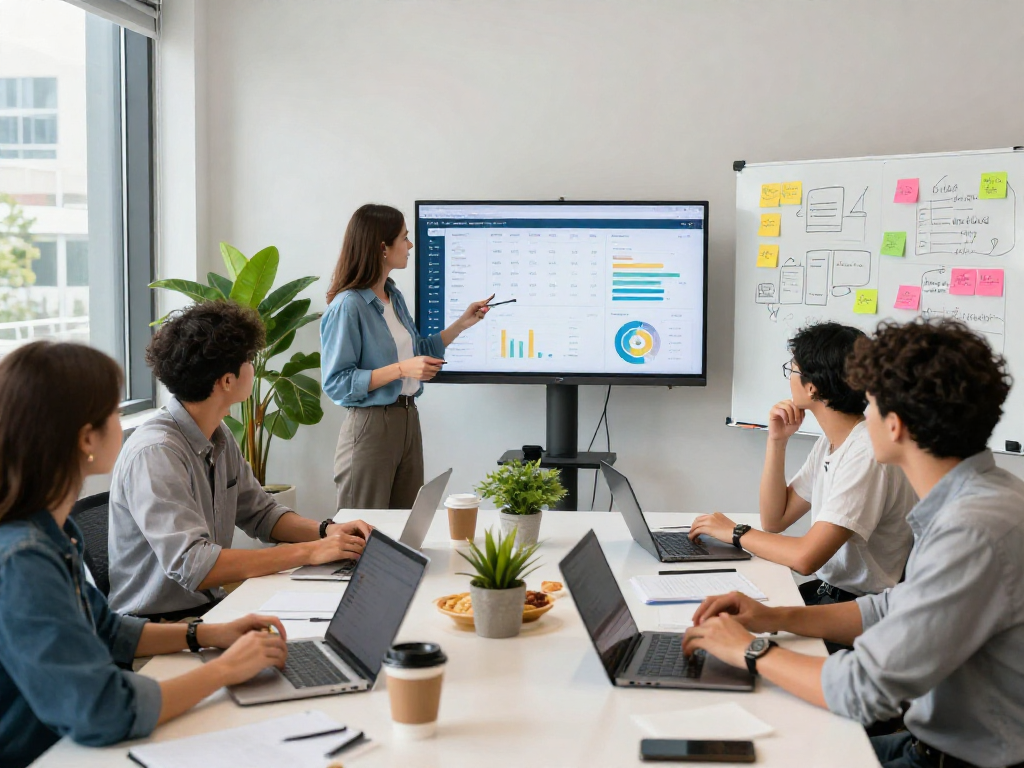 Team developing digital marketing strategies with ia +18 SEO insights in a modern office.